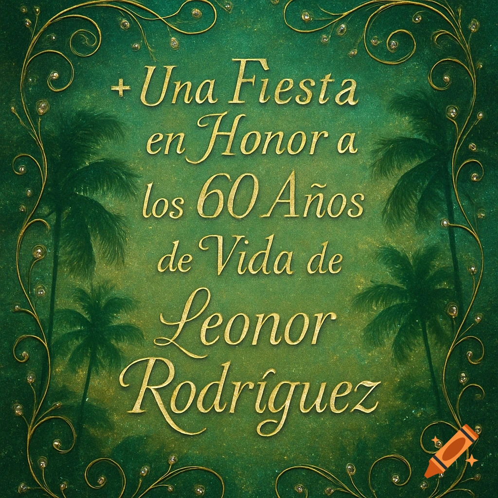 An elegant green and gold tropical invitation card with decorative vines and palm trees, for 'Una Fiesta en Honor a los 60 Años de Vida de Leonor Rodríguez'.