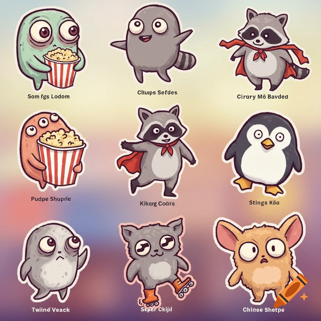 A grid of nine silly, awkward cartoon characters, including monsters, raccoons, and a penguin, designed as Twitch sub badges.