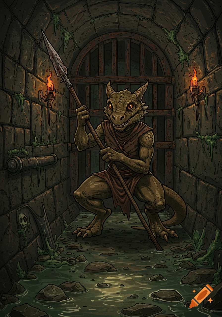 A reptilian kobold warrior in a dark dungeon, holding a spear with a blood-stained tip, in a Dungeons and Dragons style.