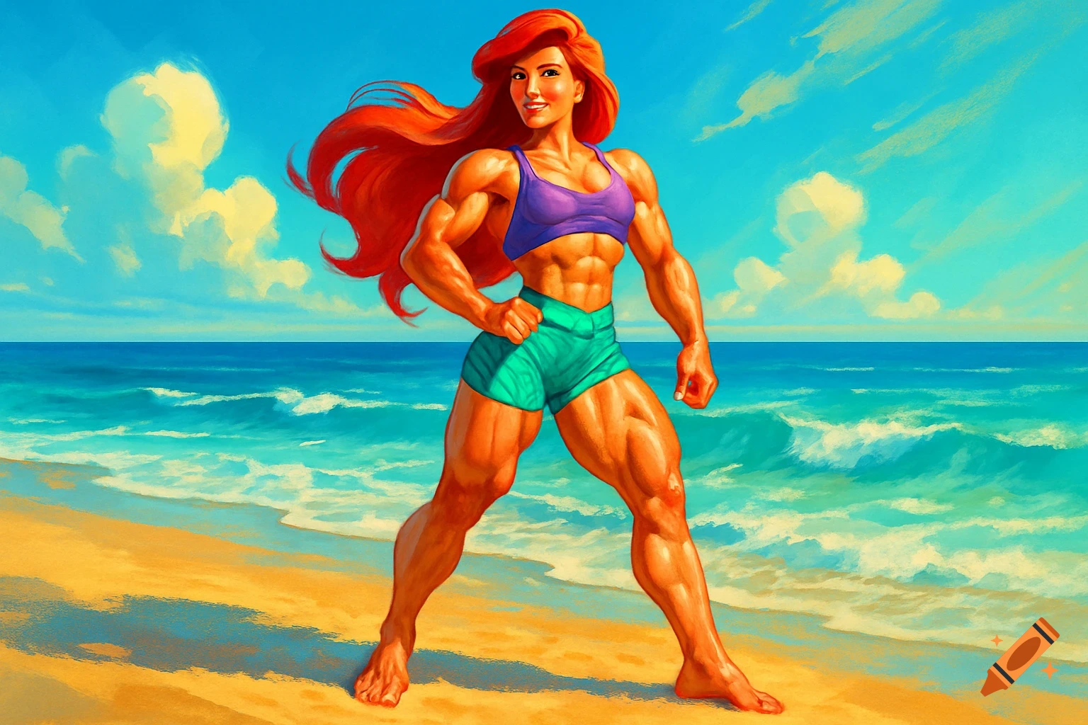 A muscular Ariel, with red hair, stands confidently on a sunny beach in a sports bra and shorts.