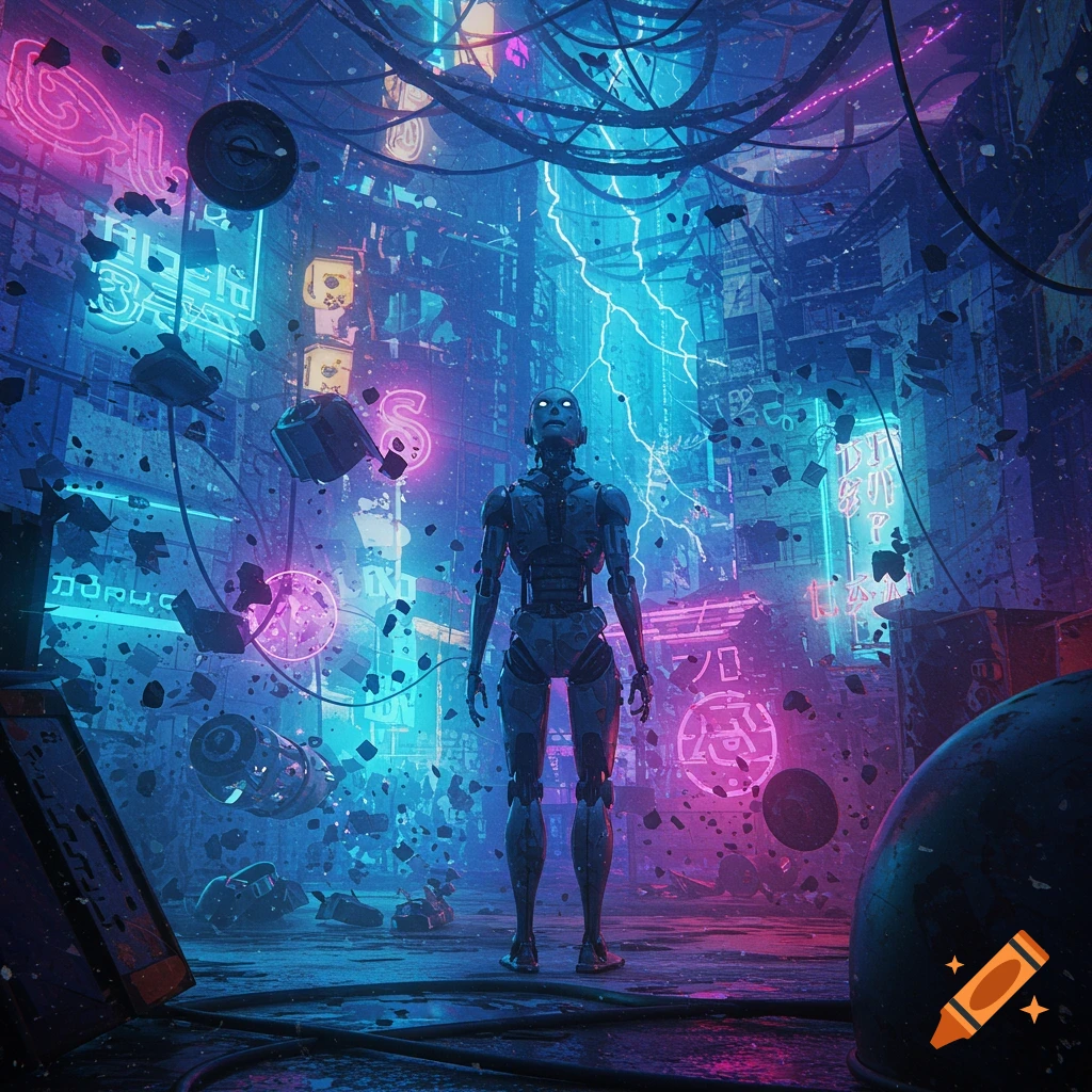 A humanoid robot stands in a chaotic, neon-lit cyberpunk city with debris floating around it.