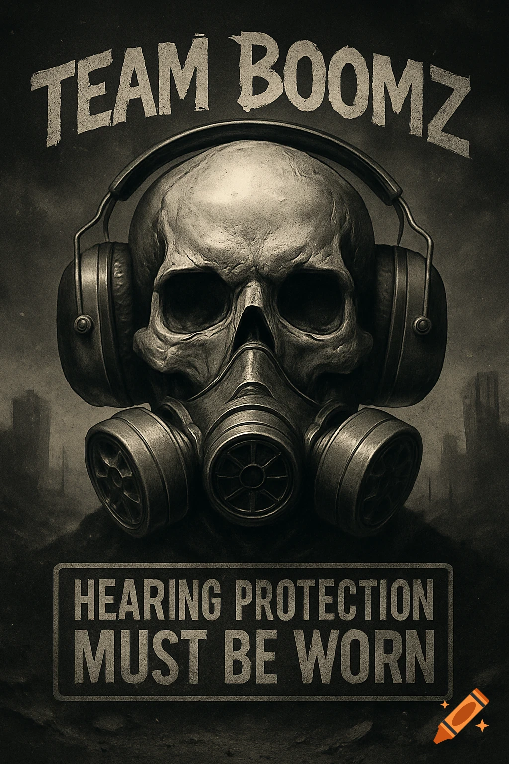 Gritty poster of a skull in a gas mask and headphones. Text reads 'TEAM BOOMZ' and 'HEARING PROTECTION MUST BE WORN'.