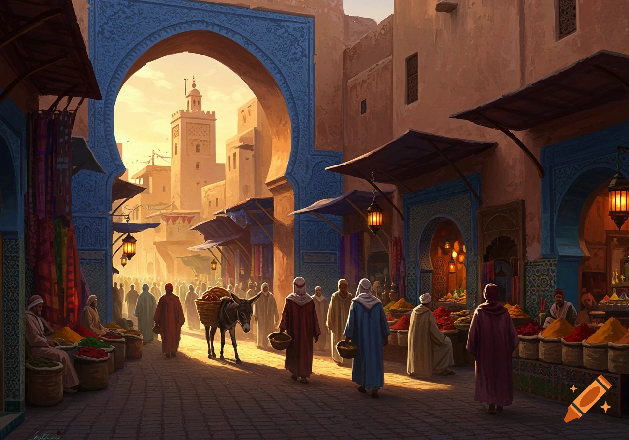 A vibrant, painted scene of a medieval Marrakech market street with vendors, people, and a donkey under a large archway at sunset.