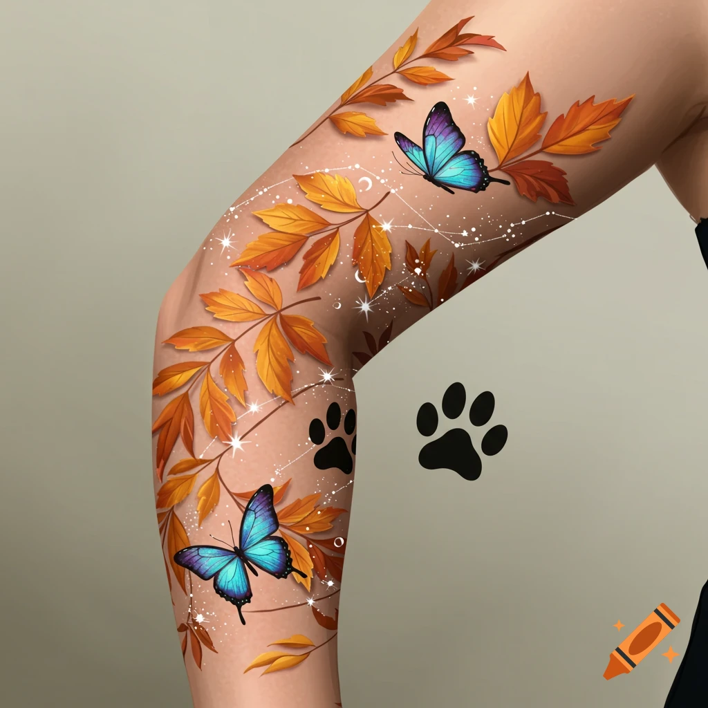 Close-up of an arm adorned with a vibrant tattoo featuring autumn leaves, blue butterflies, sparkling star constellations, and black paw prints.