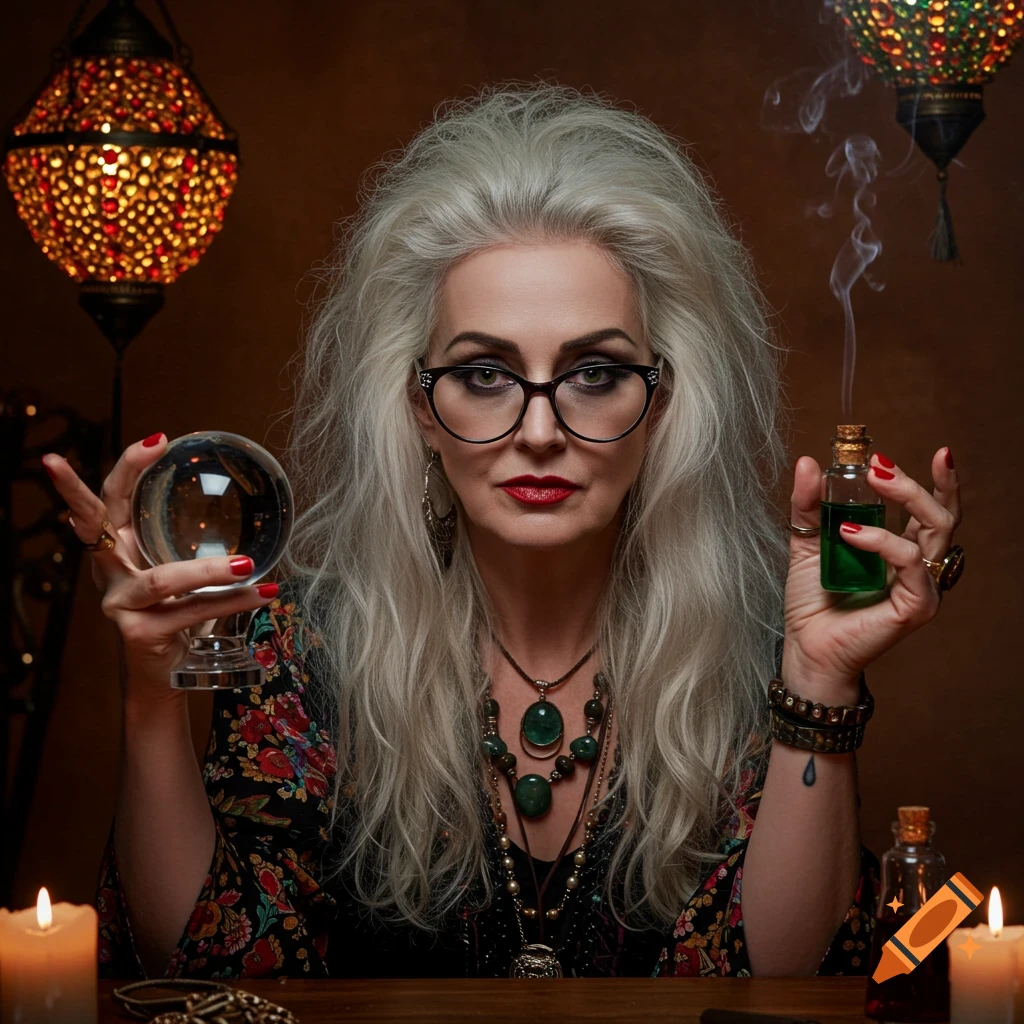 An aging woman with wild grey hair and glasses holds a crystal ball and a smoking green potion in a mystical setting.