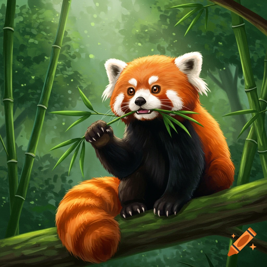 A cute red panda sits on a tree branch, eating bamboo leaves in a vibrant digital illustration.