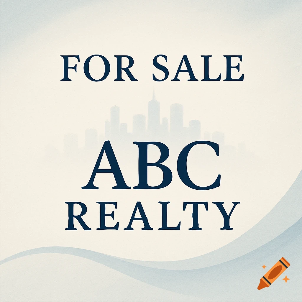 A graphic design with 'FOR SALE ABC REALTY' text in blue against a light background with a faded skyline.
