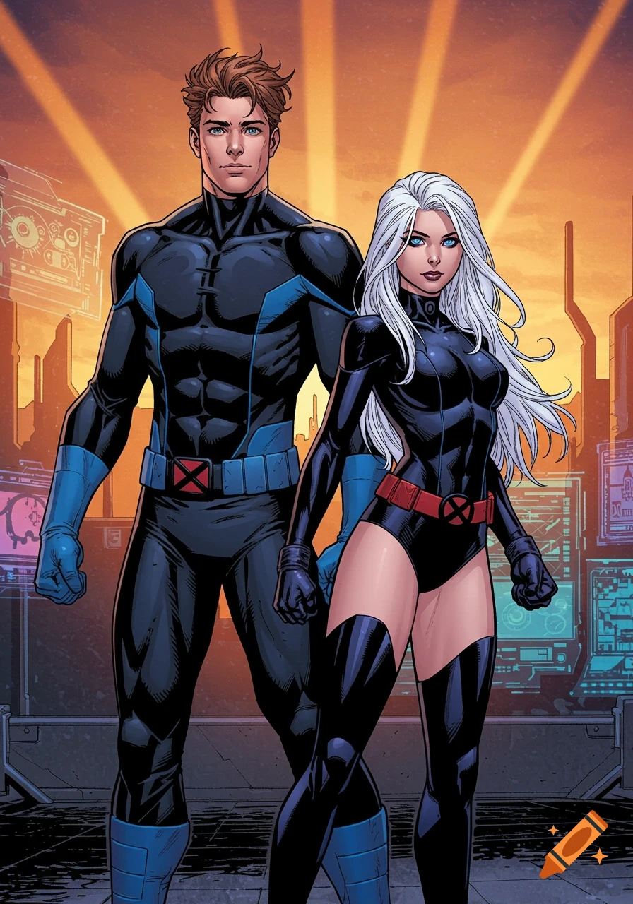 A male with brown hair and a female with white hair, both in black and blue X-Men superhero uniforms, stand in a comic art style.