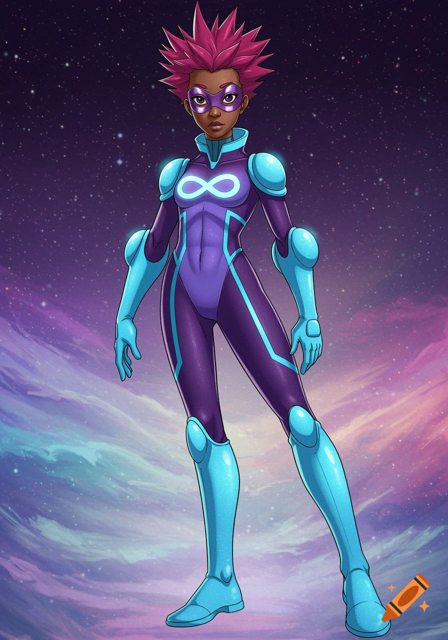 A female superhero with pink spiky hair and a purple and blue suit featuring an infinity symbol on her chest, set against a starry cosmic background.