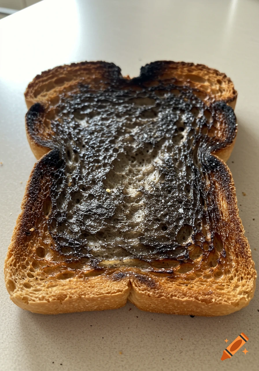 A slice of white toast is severely burnt, with the center almost entirely black and carbonized, resting on a light counter.