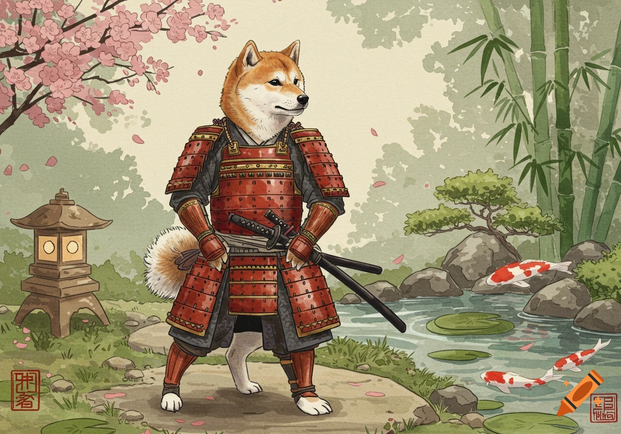 A shiba inu dog in red samurai armor stands in a Japanese garden with cherry blossoms, a stone lantern, bamboo, and a koi pond, illustrated.