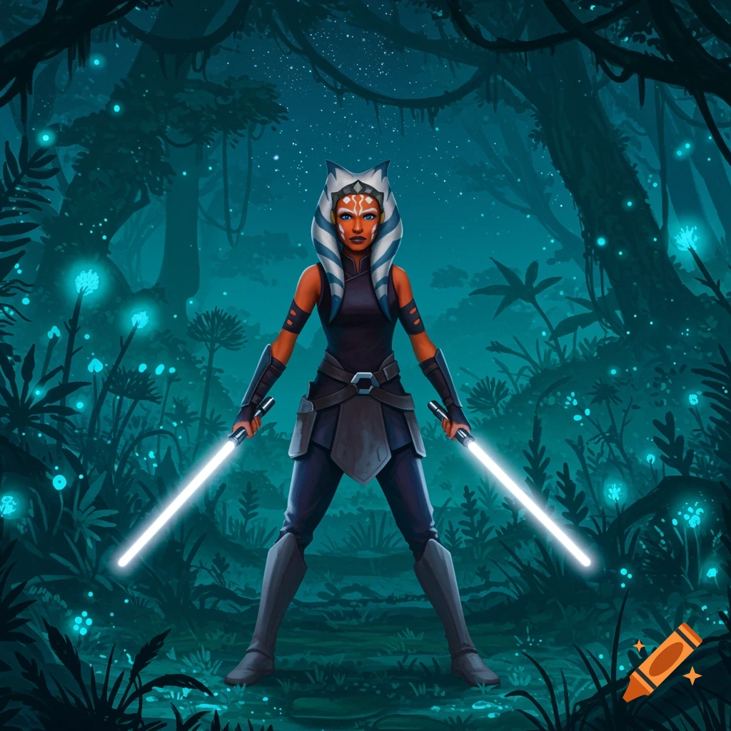 Stylized illustration of Ahsoka Tano standing in a dark, glowing forest, holding two white lightsabers.