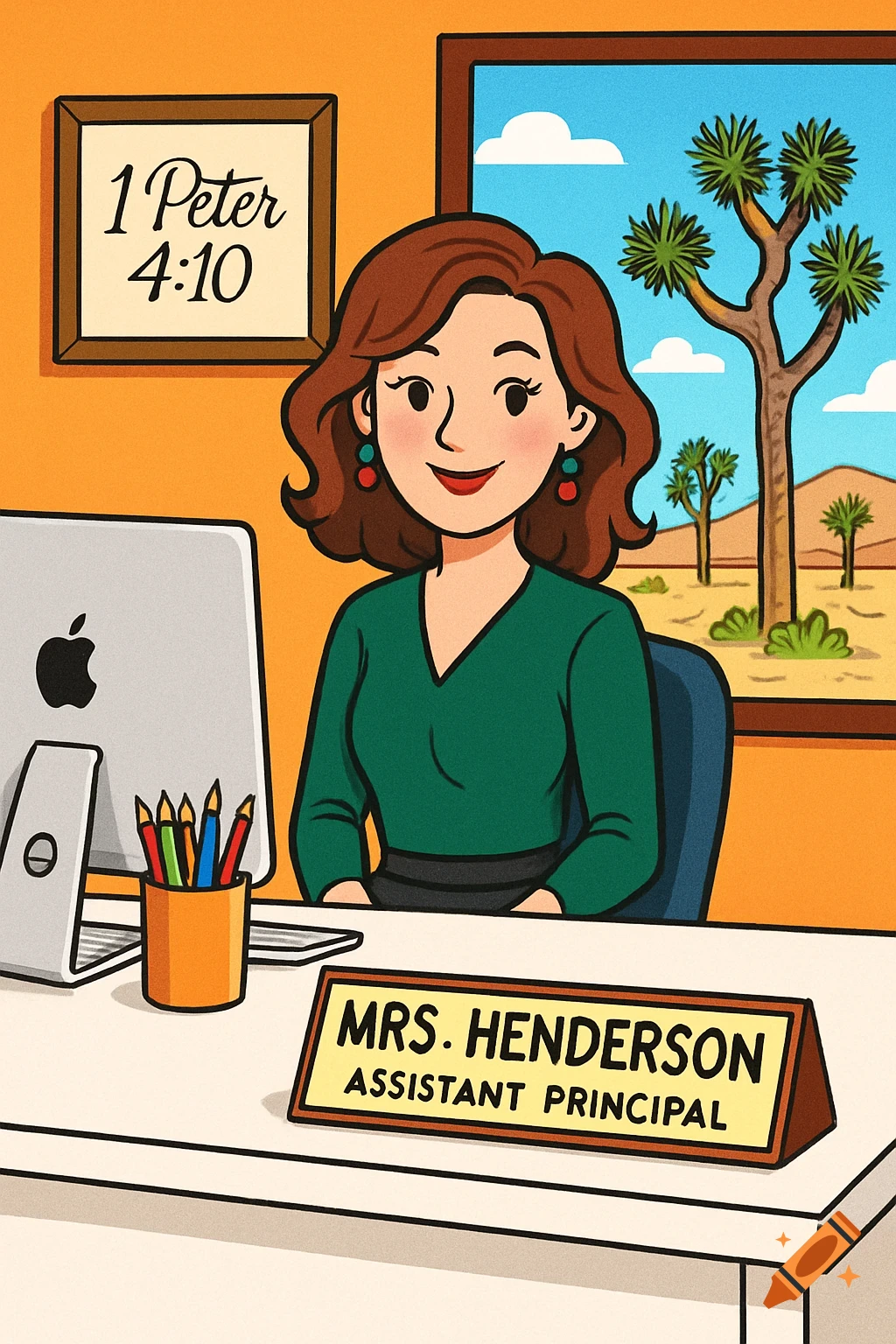 Cartoon of Assistant Principal Mrs. Henderson at an office desk with an Apple computer and pencils, a framed scripture verse, and a window with Joshua trees.