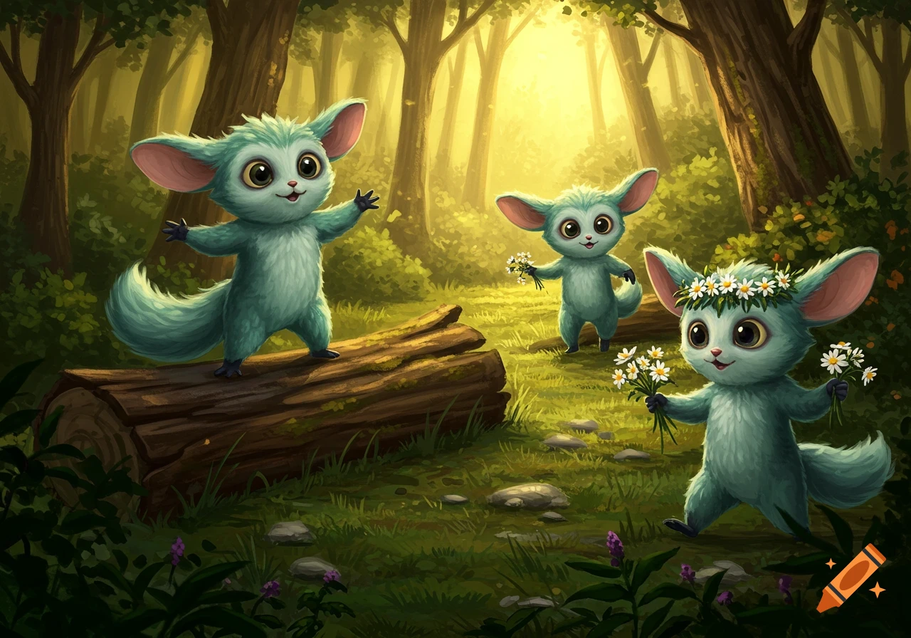Three cute, teal, fluffy creatures in a sunlit forest; one stands on a log, one walks, and one wears a flower crown holding daisies. Illustration.