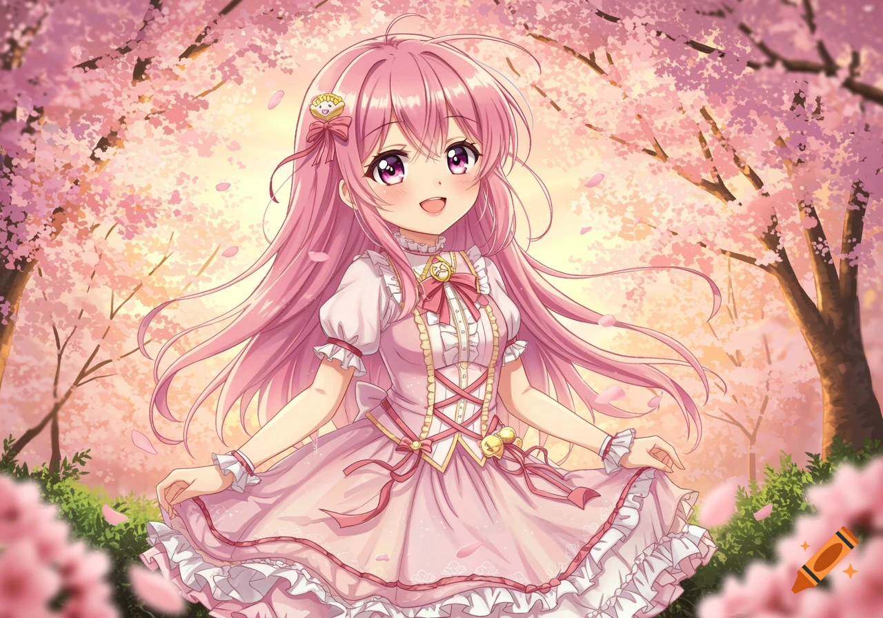 Smiling anime girl with long pink hair and a pink dress, surrounded by cherry blossoms in a vibrant setting.