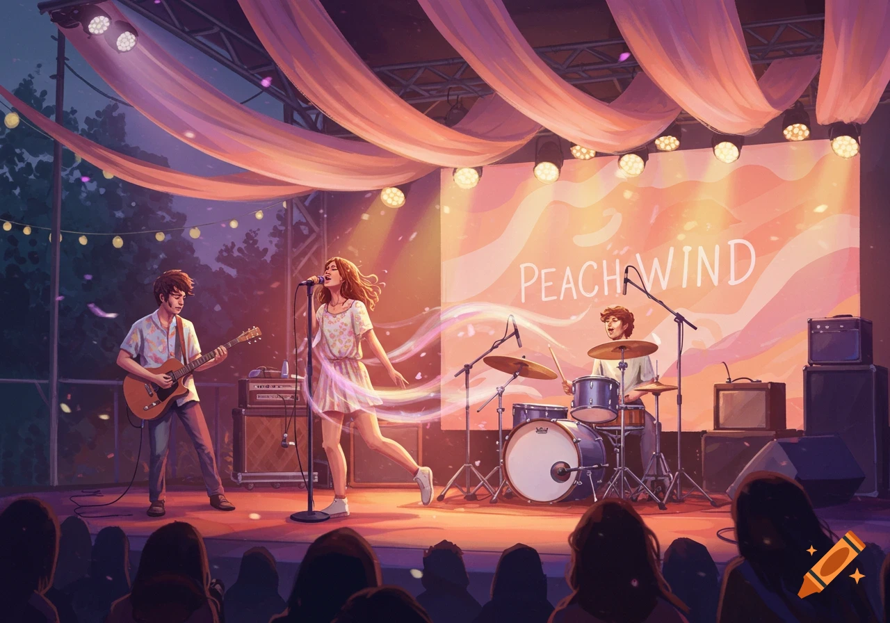 An illustrated band performs on stage at an outdoor concert under draped fabric, with 'PEACHWIND' displayed on a large screen.