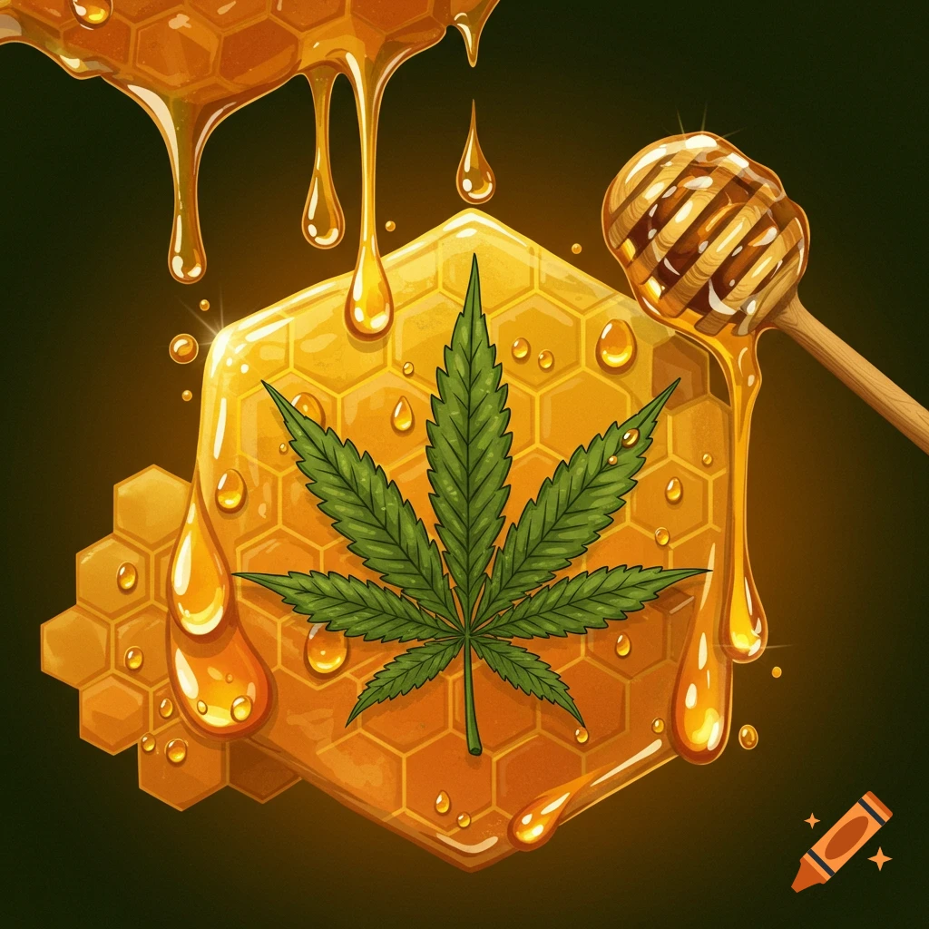 A vibrant illustration of a green cannabis leaf on a golden honeycomb hexagon, with honey dripping and a honey dipper.