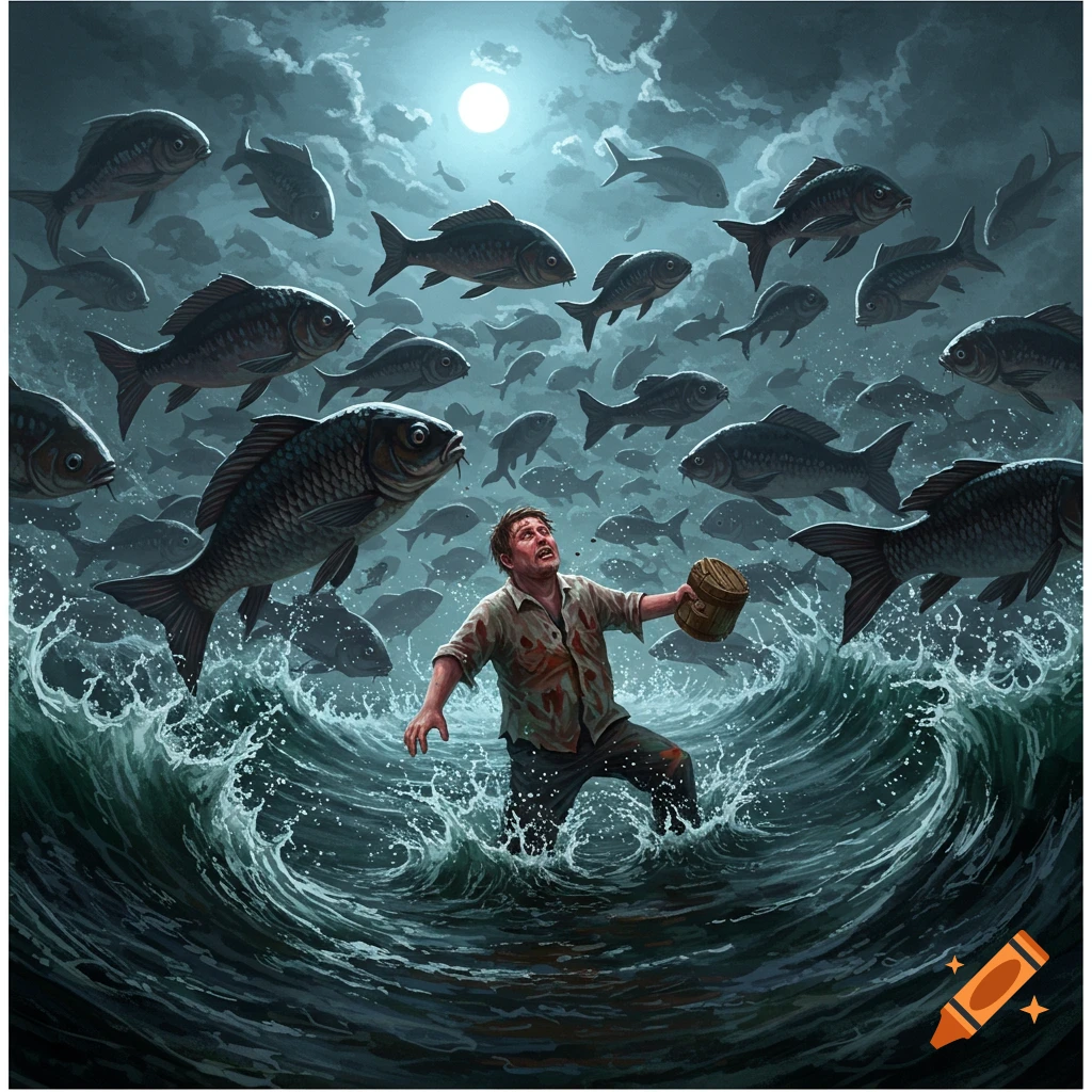 Man struggling in turbulent dark water, surrounded by many large fish under a bright moon in a cloudy night sky, in an illustrative style.