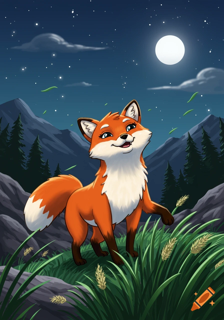 A happy, cute cartoon fox stands in mountain grass at night, looking up at the moon and stars.