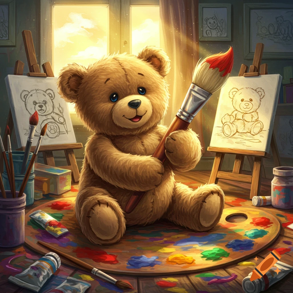 A cute teddy bear artist holds a large paintbrush in a sunlit art studio with easels and paintings of teddy bears.