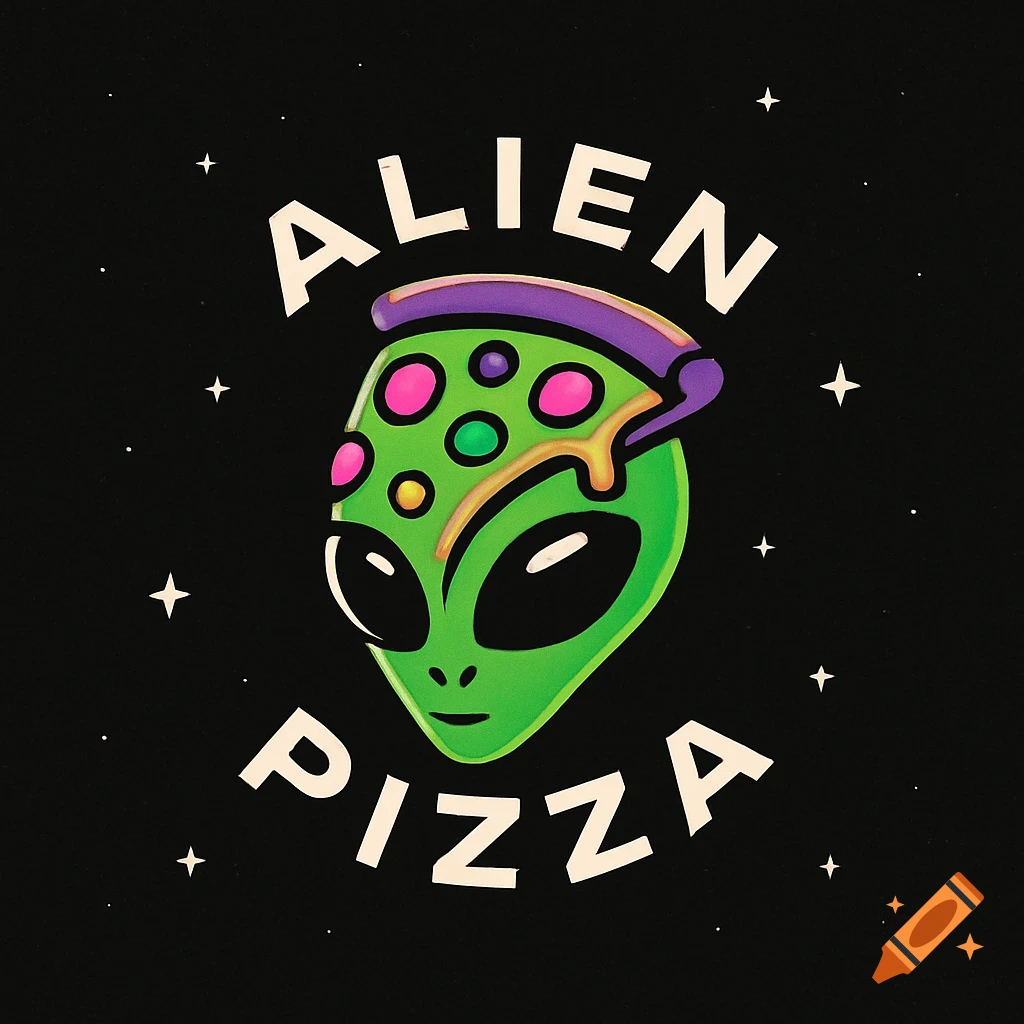 A vibrant cartoon logo for 'ALIEN PIZZA' with a green alien head wearing a pizza slice like a hat, against a starry black background.