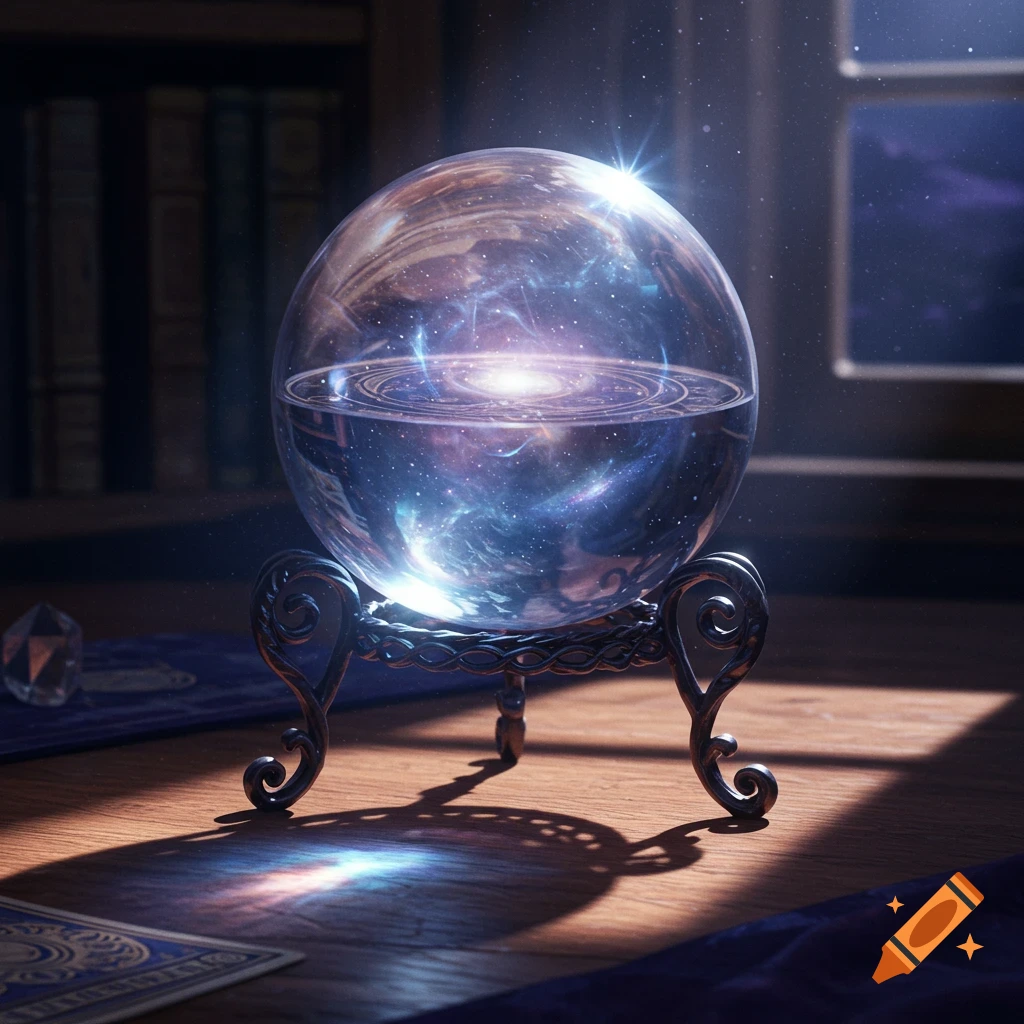 A glowing crystal ball containing a vibrant galaxy sits on an ornate stand on a wooden table, bathed in light from a window in a mystical room.