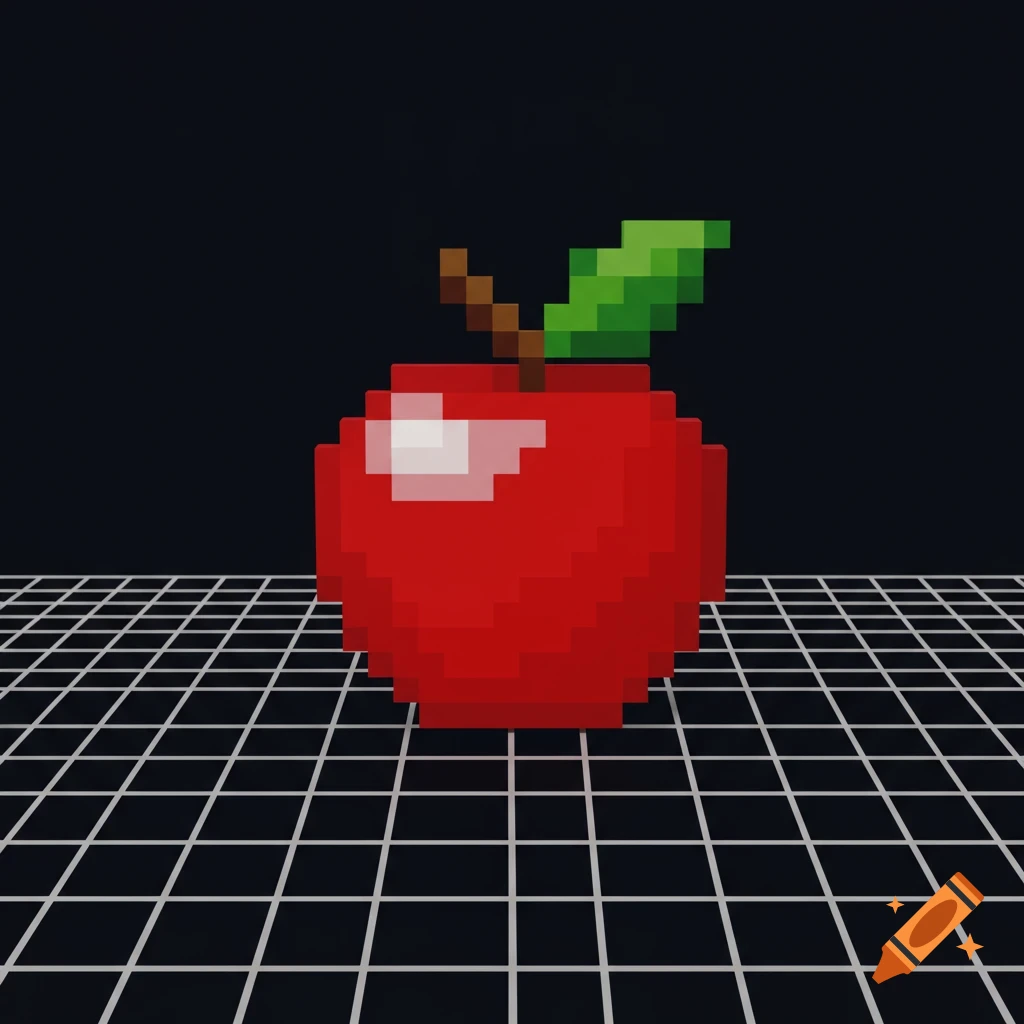 A red pixel art apple with a brown stem and green leaf floats above a grid plane against a black background.