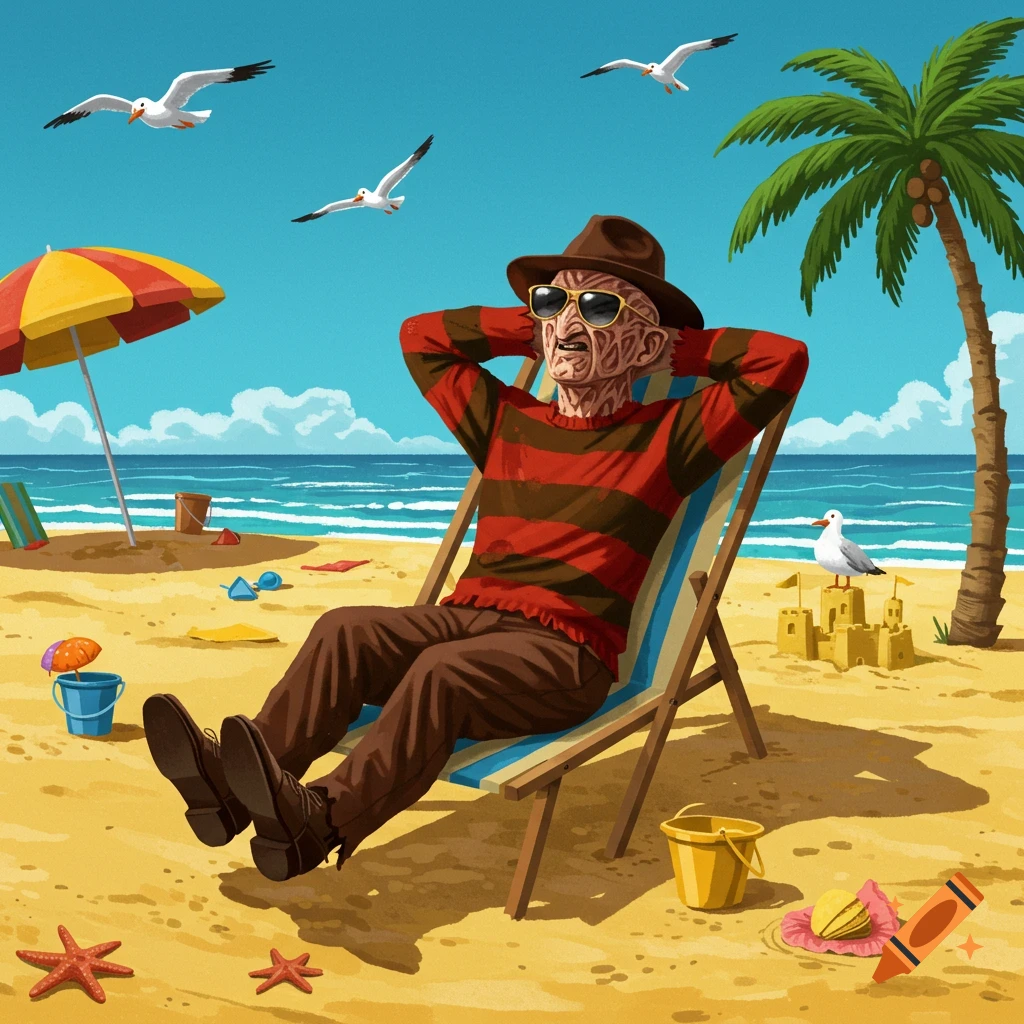 Cartoon Freddy Krueger relaxes on a beach chair under an umbrella on a sunny beach.