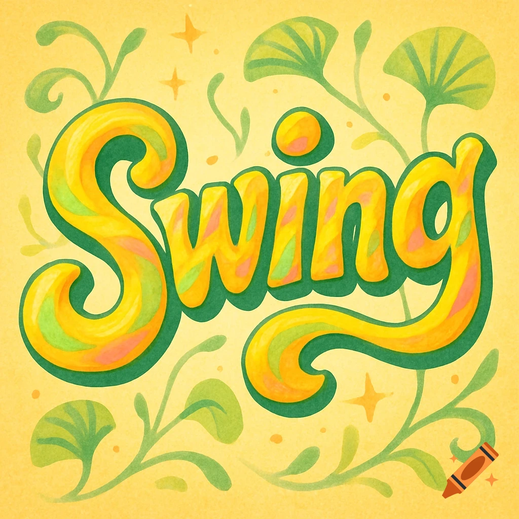 Cartoony yellow and green "Swing" text with leafy embellishments on a textured yellow background.