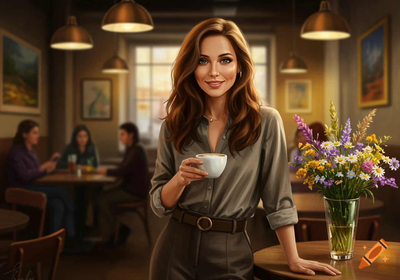 A photorealistic image of a smiling woman holding a coffee cup in a cafe, with blurred patrons in the background.