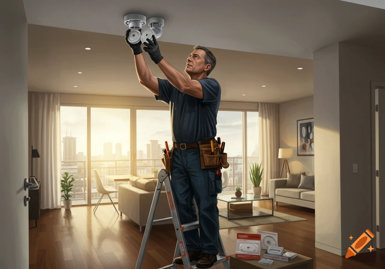 A man wearing a tool belt stands on a ladder, installing smoke alarms on the ceiling of a modern apartment with large windows overlooking a city.