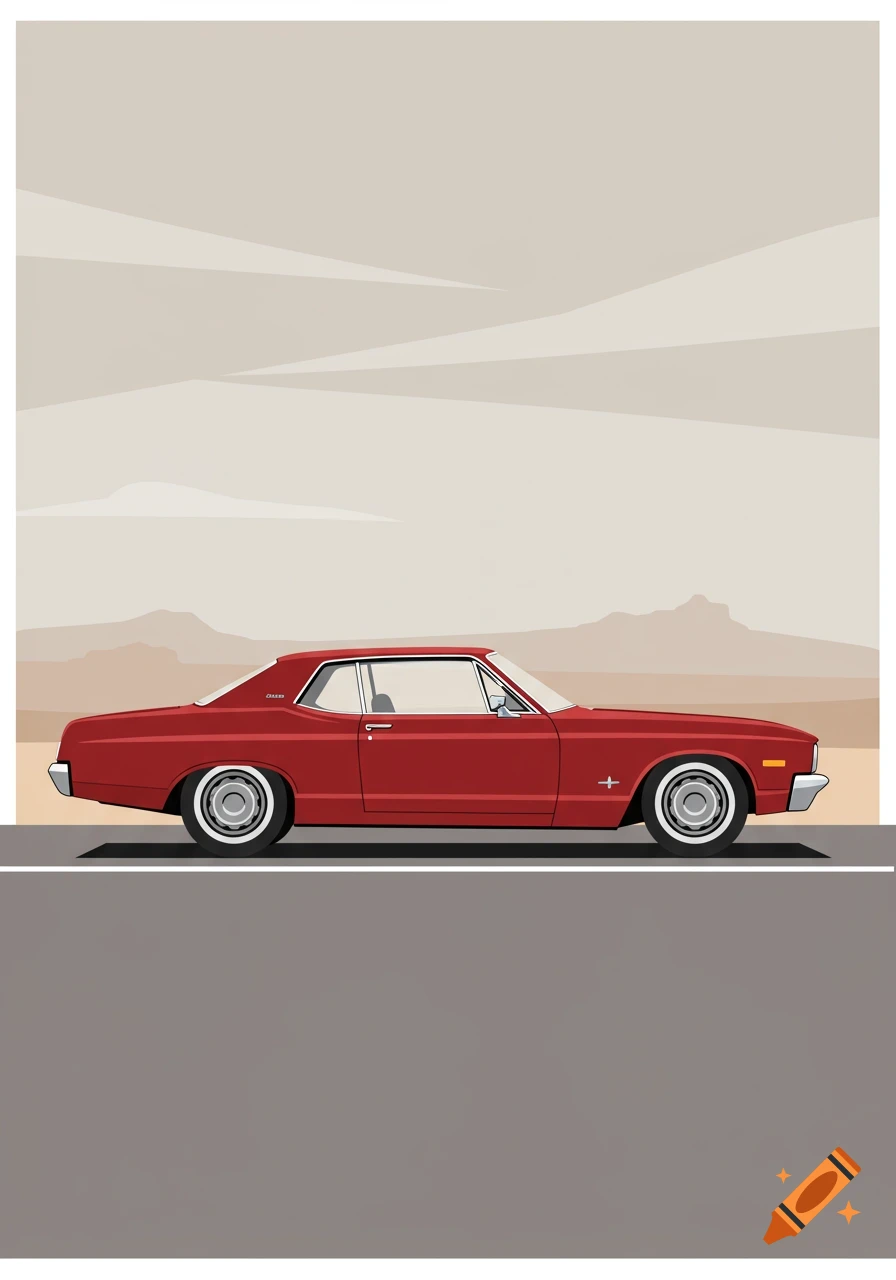 A side profile illustration of a red classic car on a road, with abstract mountains in the background.
