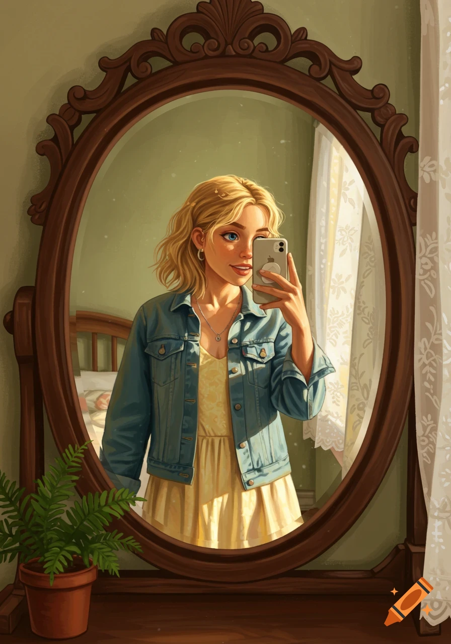 Illustration of a blonde girl taking a mirror selfie with her phone, standing in a sunlit room with a plant.
