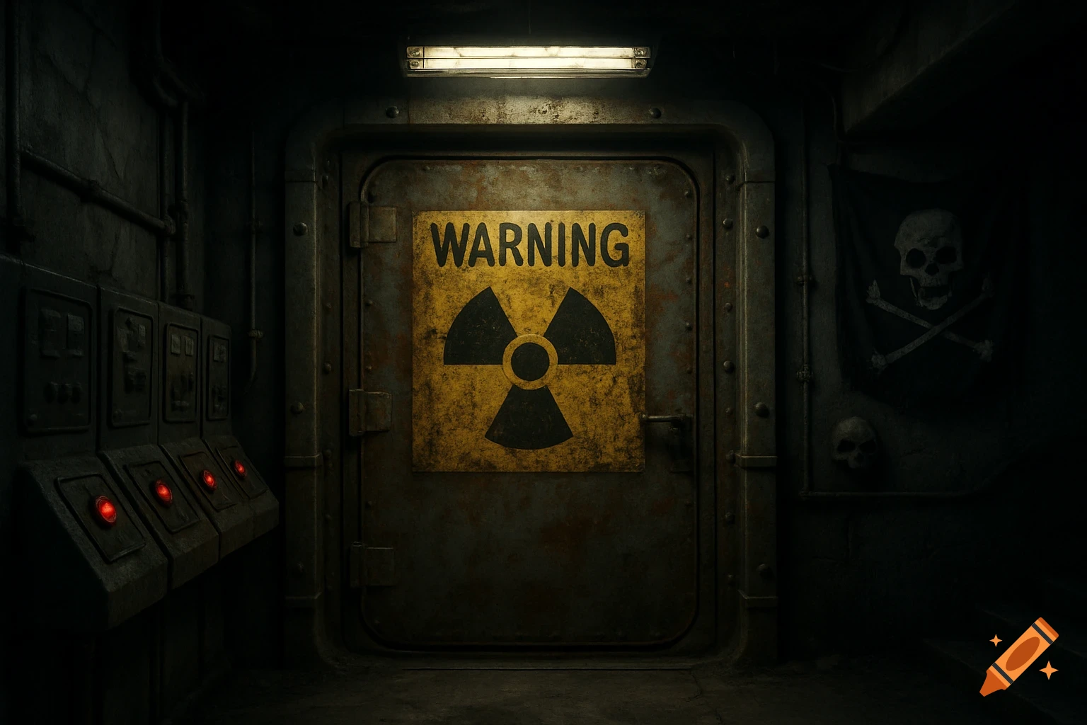 A rusty, dark industrial door with a yellow nuclear warning sign. A pirate flag hangs to the right, and control panels with red lights are on the left wall.
