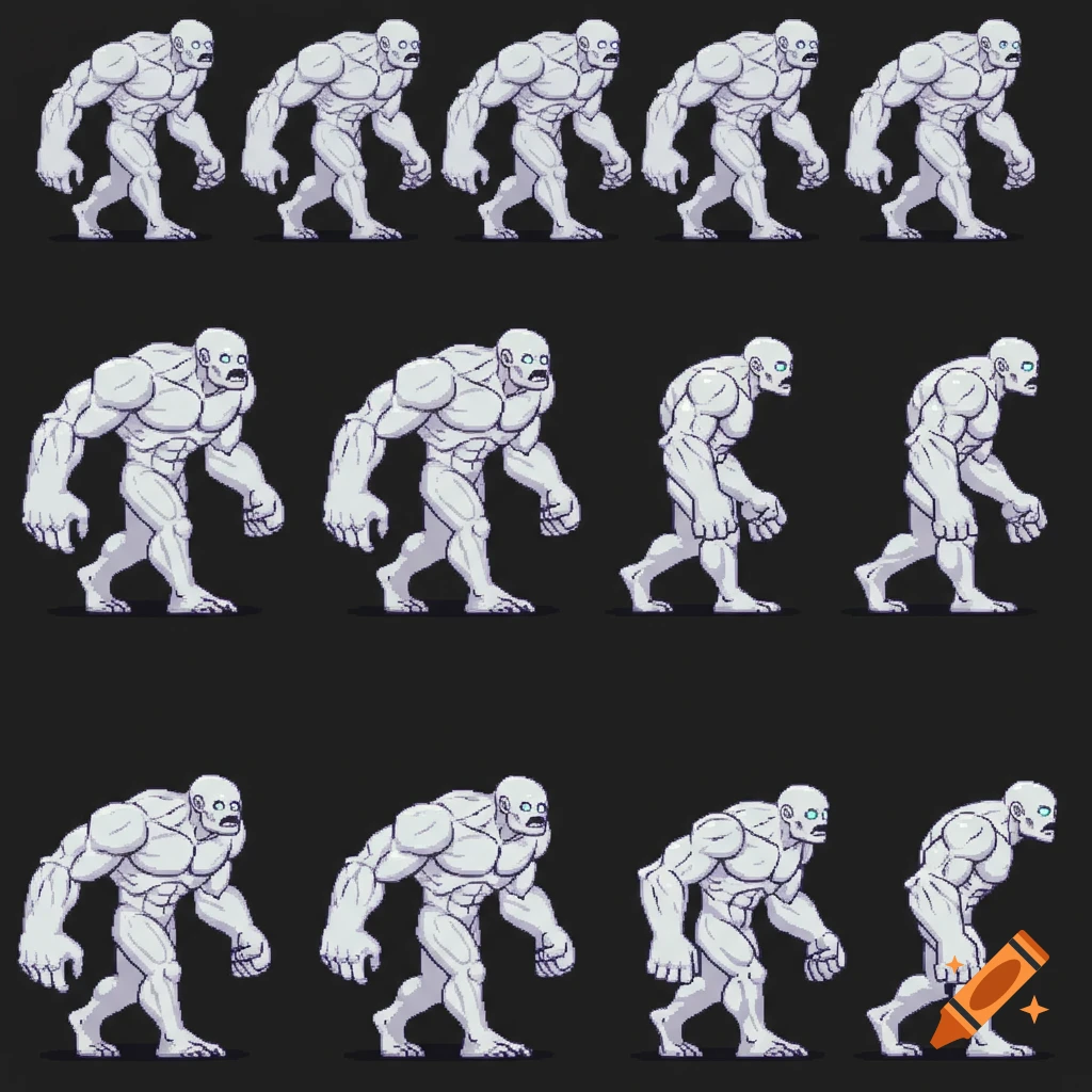 Pixel art sprite sheet of a white, muscular monster with exaggerated anatomy and glowing eyes, in forward and side walking animations.