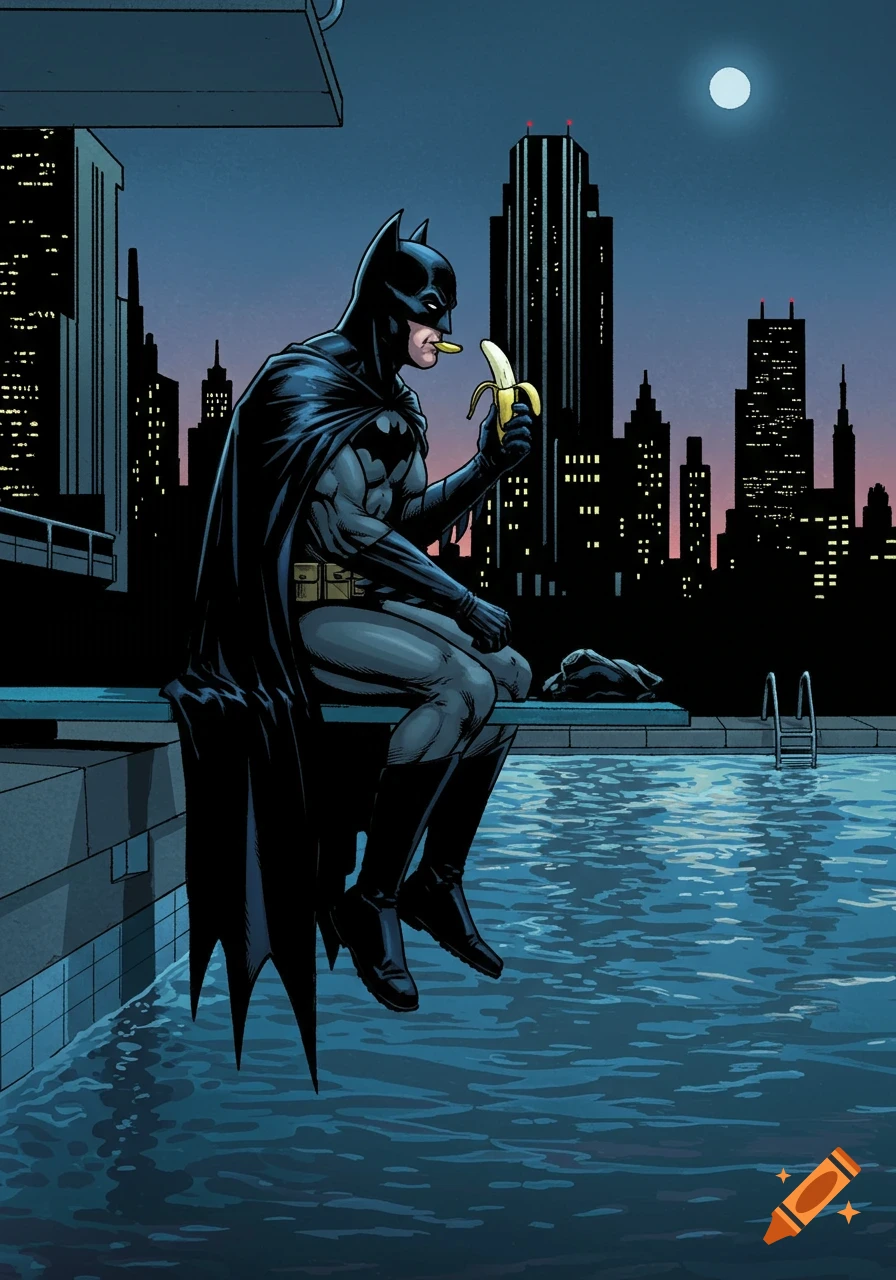 Batman sits on a diving board at night, eating a banana with a city skyline in the background, in a comic book art style.