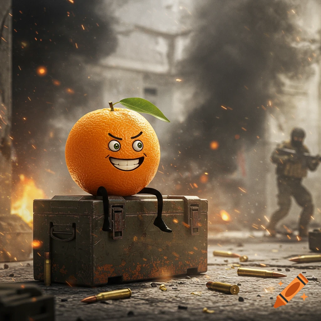 A grinning cartoon orange with small legs sits on a military ammo crate in a smoky warzone with a blurry soldier and shell casings.