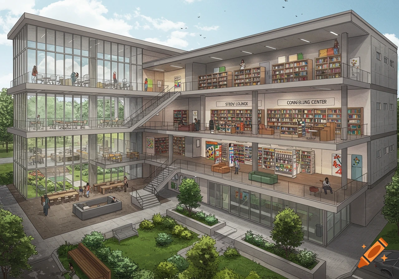 An isometric architectural illustration of a modern multi-story complex with glass facades, showcasing different sections like a study lounge, library, and an outdoor courtyard.