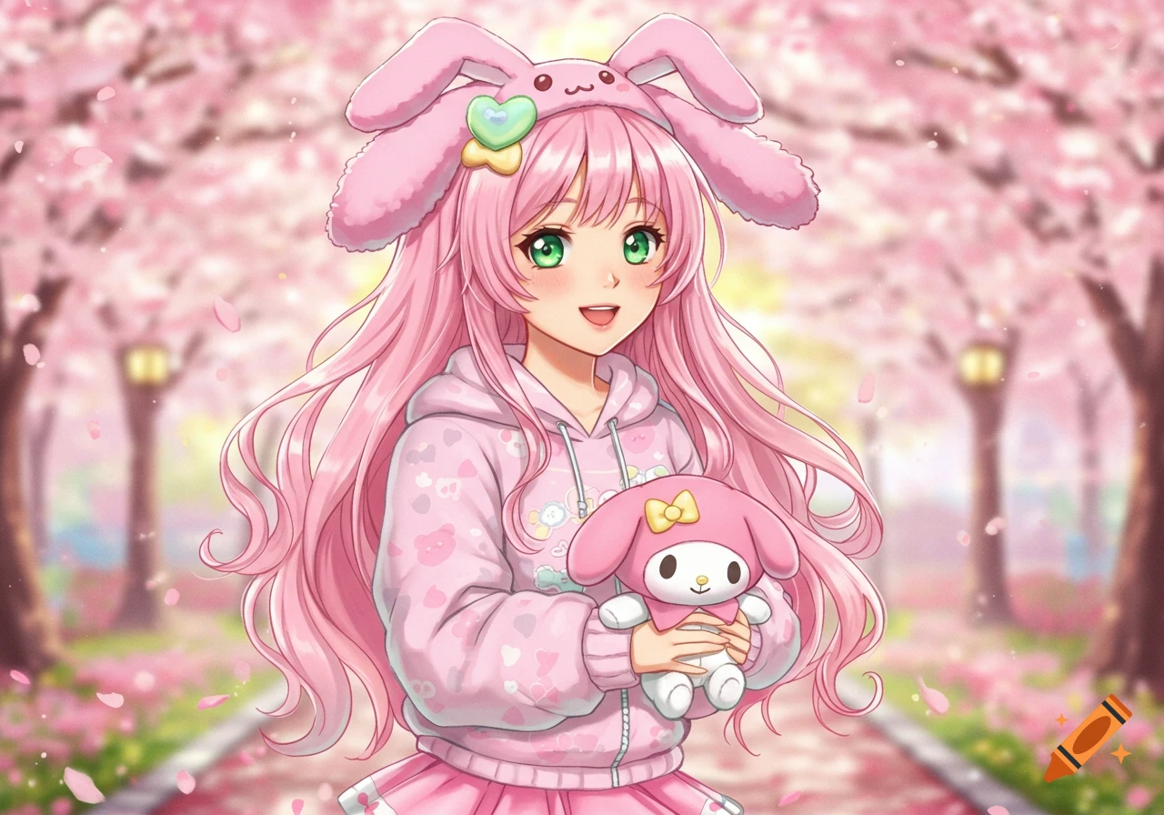 Anime woman with long pink hair, green eyes, pink bunny ears, and hoodie, holding a My Melody plush under cherry blossom trees.