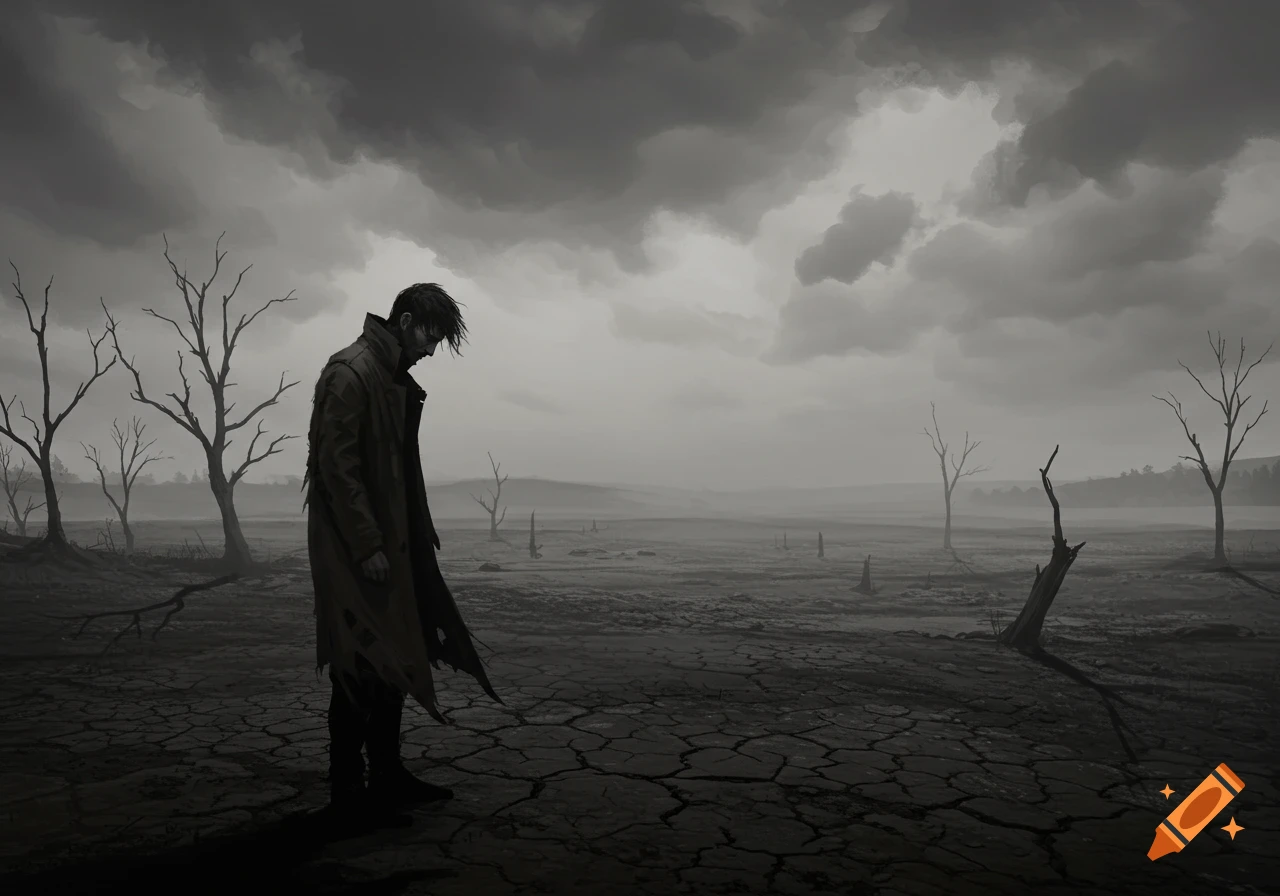 A lone man in a tattered coat stands in a desolate, cracked landscape under a dark, stormy sky in a monochrome art style.