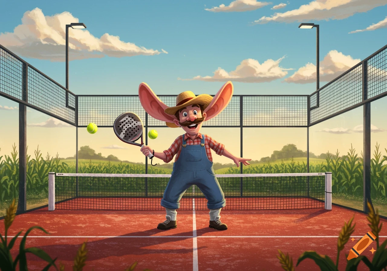 A cartoon farmer with huge ears holds a padel racket on a red padel court with two balls in the air, surrounded by green fields and a blue sky.