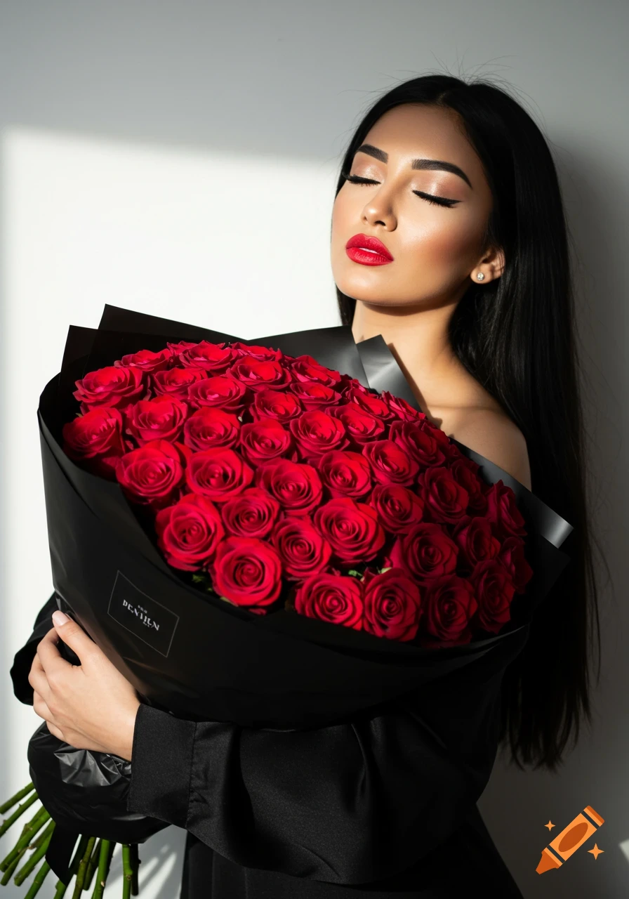 A woman with red lipstick holds a large bouquet of red roses wrapped in black paper, eyes closed. Photorealistic portrait.