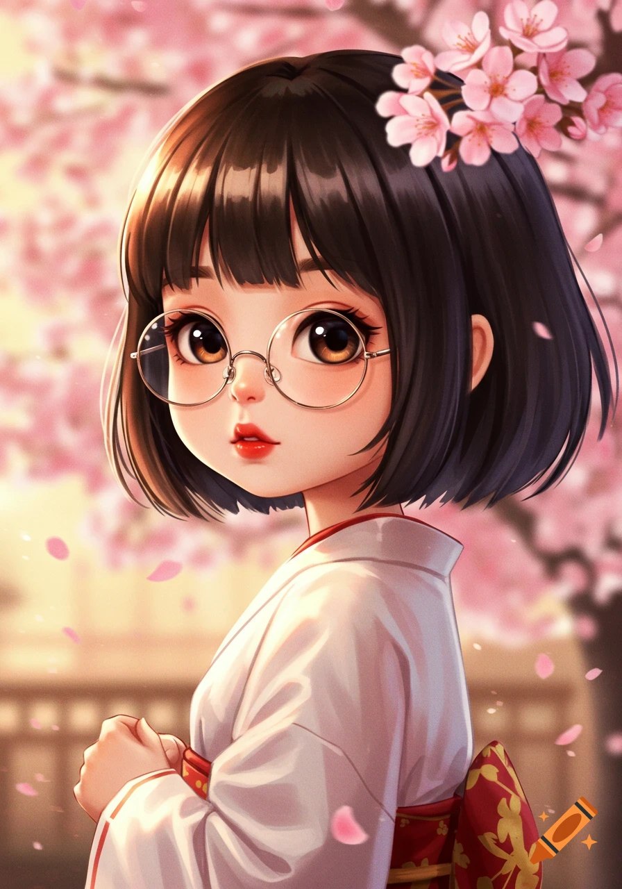 A cute anime girl with short black hair and round glasses wearing a white kimono, surrounded by pink cherry blossoms.