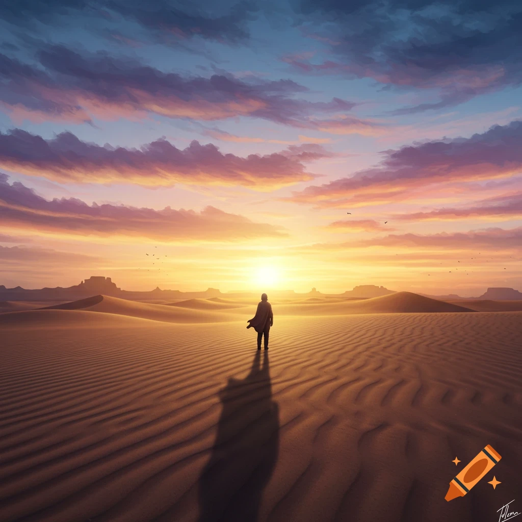 A lone figure in a cape stands in a vast rippled desert, gazing at a vibrant sunset over distant mesas, digital painting.
