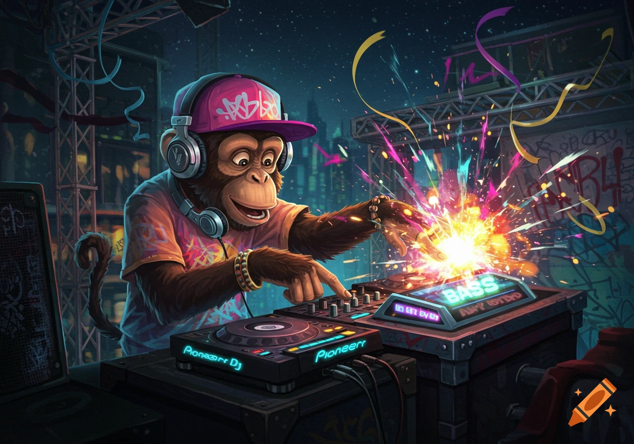 A cool cartoon monkey DJ with headphones and a backwards cap, mixing music on turntables with neon lights and colorful sparks exploding from the equipment at a night club.
