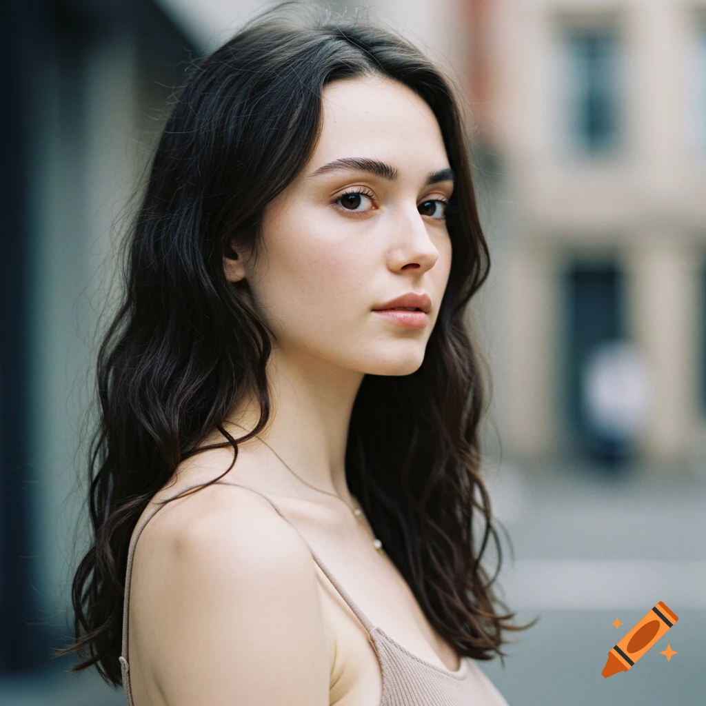 Close-up portrait of a young woman with dark wavy hair and a light top looking at the camera, blurred city background.