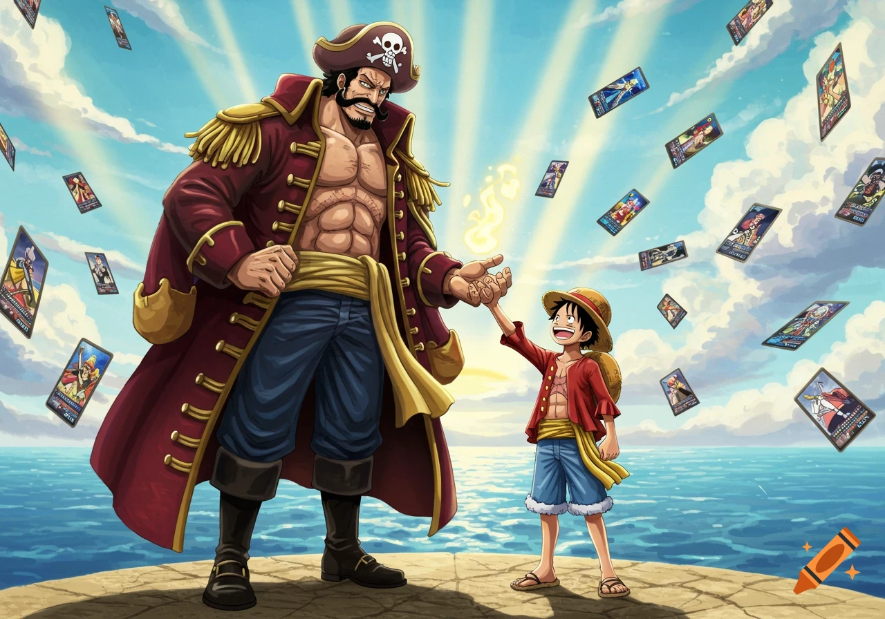 Gol D. Roger giving a glowing orb to Monkey D. Luffy with One Piece TCG cards floating around them by the ocean, anime style.