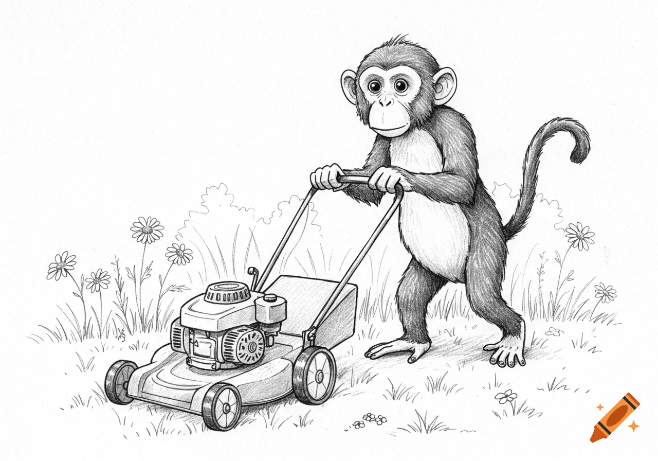 A black and white line drawing of a monkey pushing a lawn mower through a grassy field with daisies.
