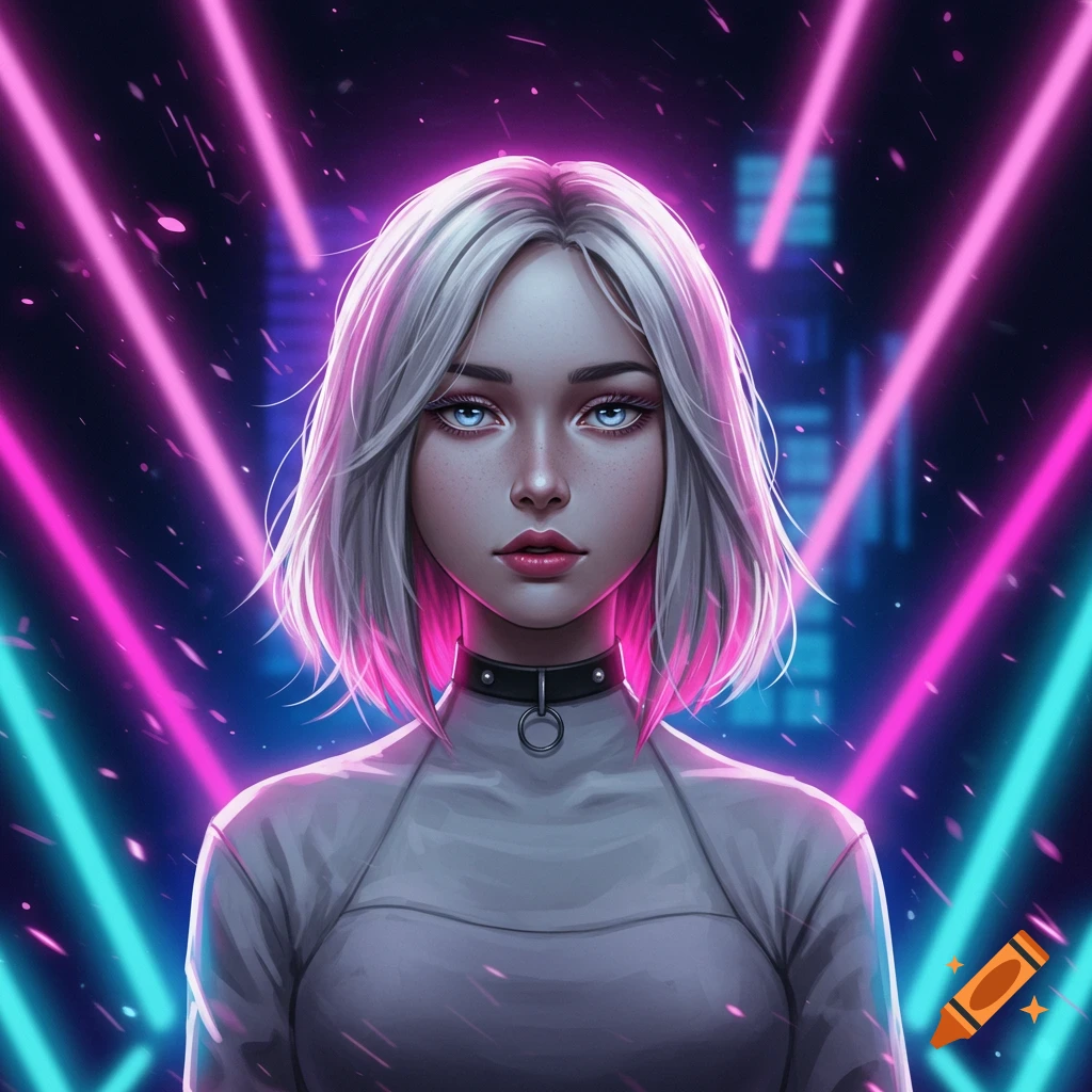 Stylized portrait of a woman with white and pink bob hair, blue eyes, and a choker, against a neon light background.