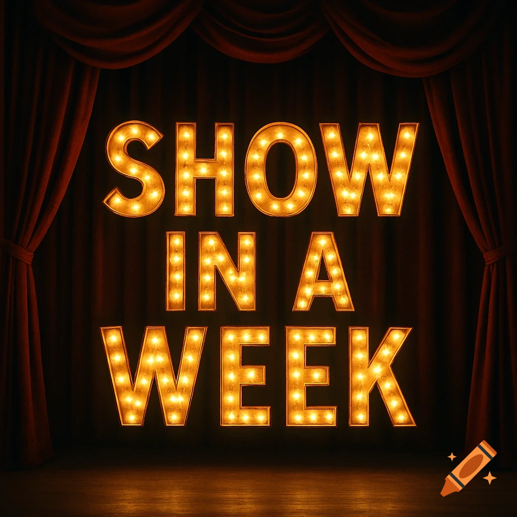 The words 'SHOW IN A WEEK' in bright yellow stage lights against a dark red curtain backdrop on a stage.